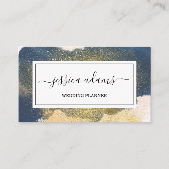 Abstract Indigo Watercolor Gold Glitter Wedding Business Card (Front)
