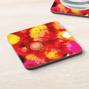 Abstract ink art yellow red and pink coaster