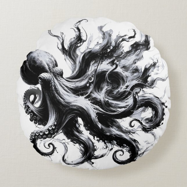 Abstract Ink Fluid Octopus Kraken Round Pillow (Front)
