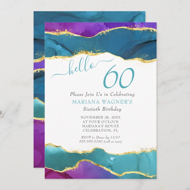 Abstract Ink Fuchsia Pink Teal Gold 60th Birthday Invitation (Front/Back)