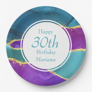 Abstract Ink Fuchsia Pink Teal Gold Birthday Party Paper Plate