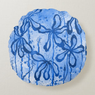 Abstract Inked Flowers Blue Lilies Round Pillow