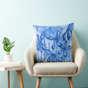 Abstract Inked Flowers Blue Lilies Throw Pillow