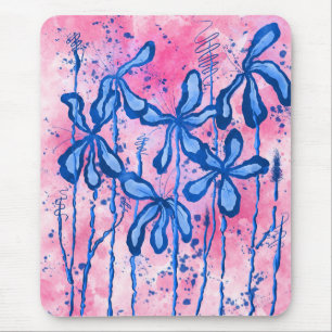 Abstract Inked Flowers Blue Pink Mouse Pad