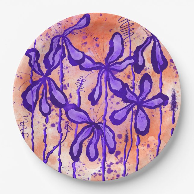 Abstract Inked Flowers Orange Purple Paper Plate (Front)