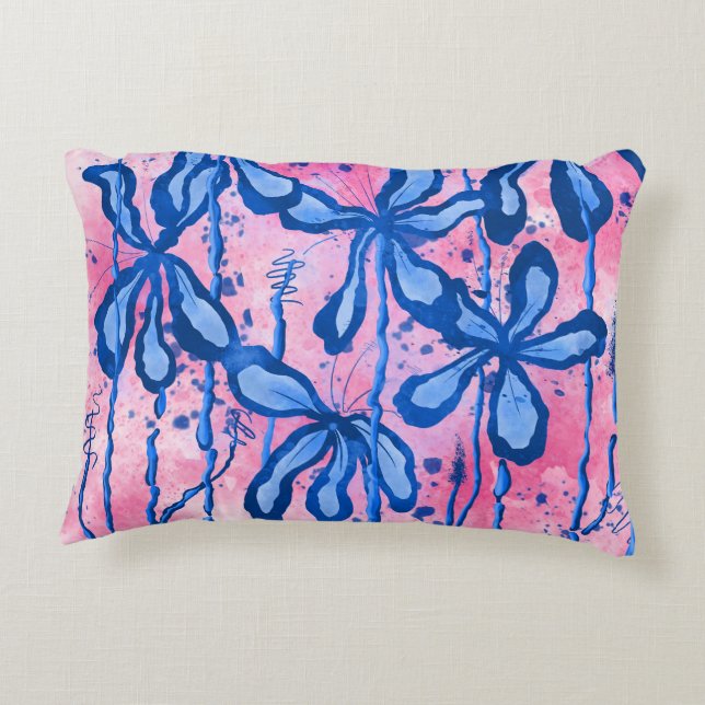 Abstract Inked Flowers Pink Blue  Accent Pillow (Back)