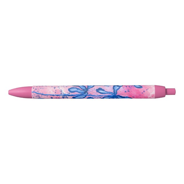 Abstract Inked Flowers pink blue Lilies Black Ink Pen (Front)