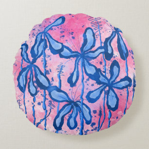 Abstract Inked Flowers  Pink Blue Lilies Round Pillow