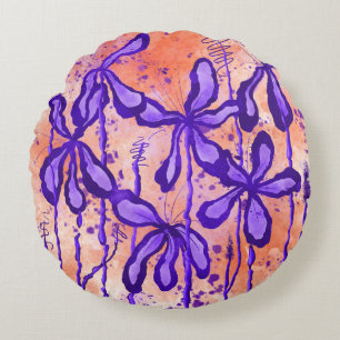 Abstract Inked Flowers Purple Orange Lilies Round Pillow