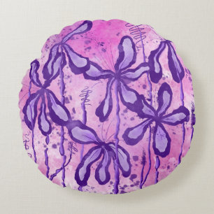 Abstract Inked Flowers Purple Pink Lilies Round Pillow