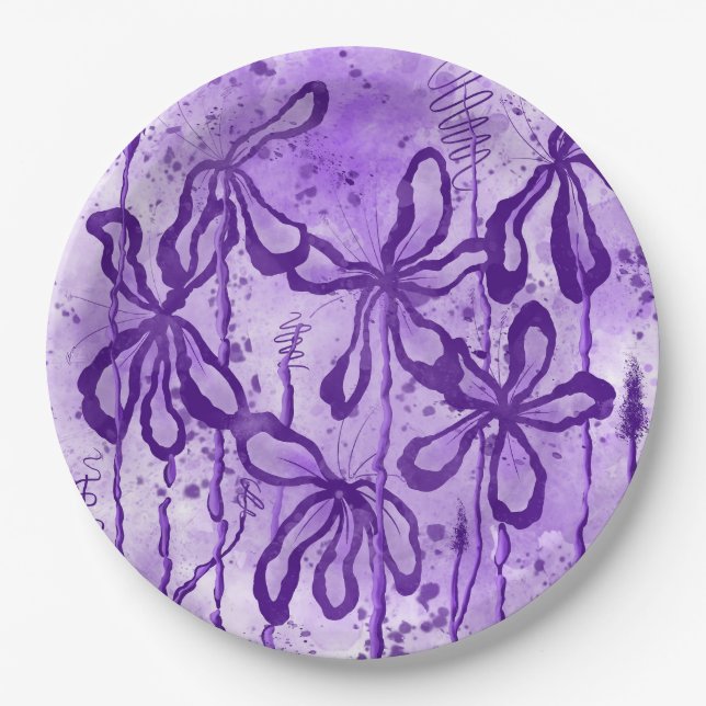 Abstract Inked Flowers Violet Sky  Paper Plate (Front)
