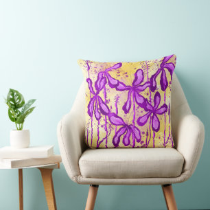 Abstract Inked Flowers yellow purple Lilies Throw Pillow