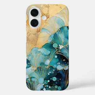 Abstract iPhone Case Turquoise Waves with Gold