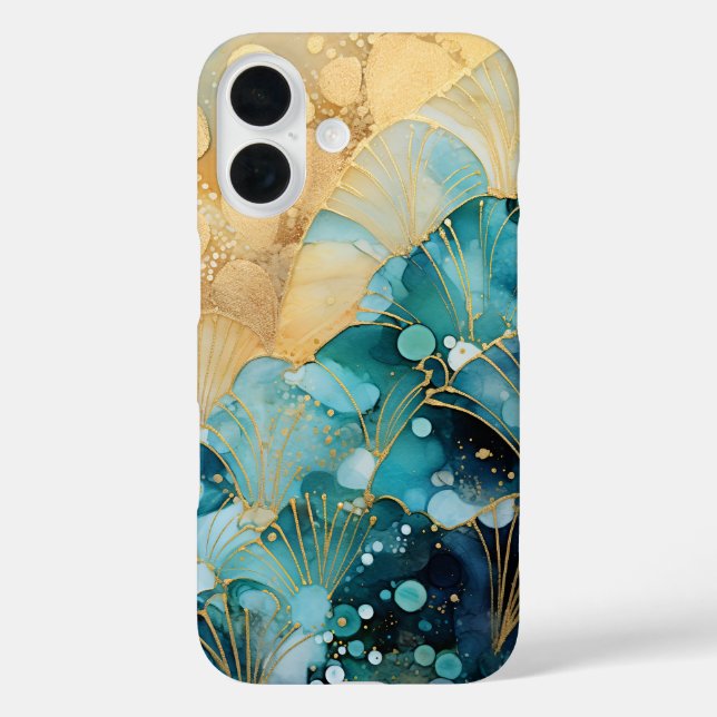 Abstract iPhone Case Turquoise Waves with Gold (Back)