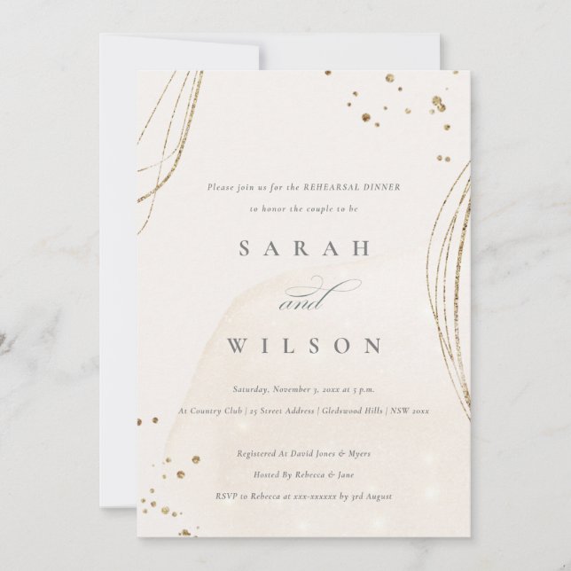 Abstract Ivory Gold Shiny Rehearsal Dinner Invite (Front)