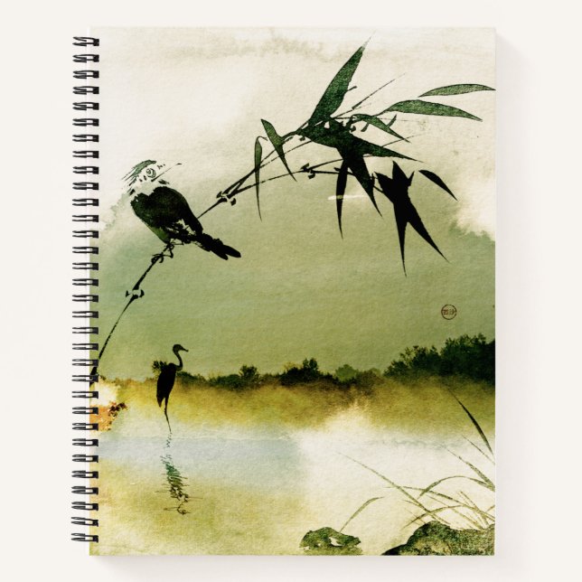 Abstract Japanese watercolor landscape crane bird Notebook (Front)