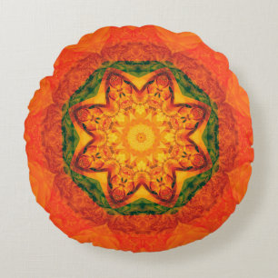 Abstract kaleidoscope orange background. Beautiful Round Pillow