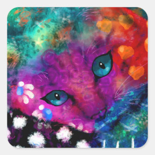 Abstract Kitty Cat Purple Orange Green Black White Square Sticker