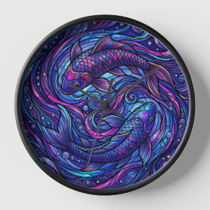 Abstract Koi Fish Swirl Cosmic Purple Art Clocks