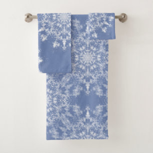 Abstract Lacy Fractal Snowflake on Blue Background Bath Towel Set