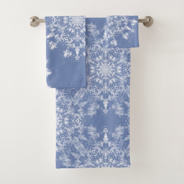 Abstract Lacy Fractal Snowflake on Blue Background Bath Towel Set (Insitu)