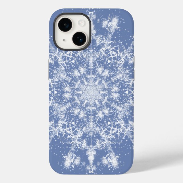 Abstract Lacy Fractal Snowflake on Blue Background Case-Mate iPhone Case (Back)