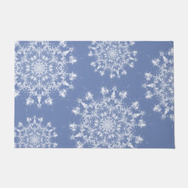Abstract Lacy Fractal Snowflake on Blue Background Doormat (Front)