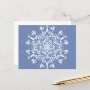 Abstract Lacy Fractal Snowflake on Blue Background Holiday Postcard