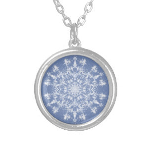 Abstract Lacy Fractal Snowflake on Blue Background Silver Plated Necklace