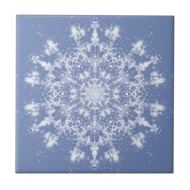 Abstract Lacy Fractal Snowflake on Blue Background Tile (Front)