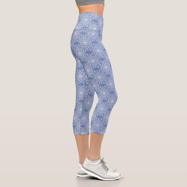 Abstract Lacy Fractal Snowflake Pattern on Blue Capri Leggings (Right)