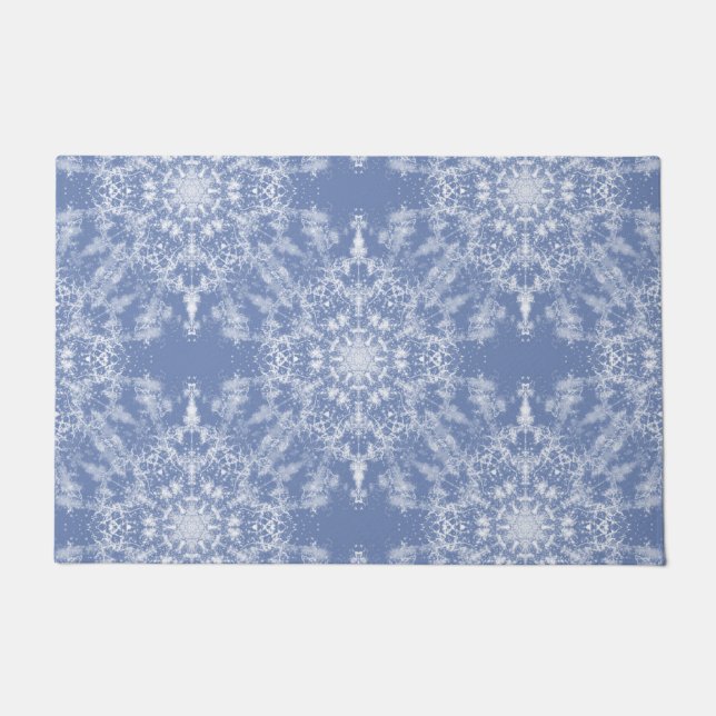Abstract Lacy Fractal Snowflake Pattern on Blue Doormat (Front)