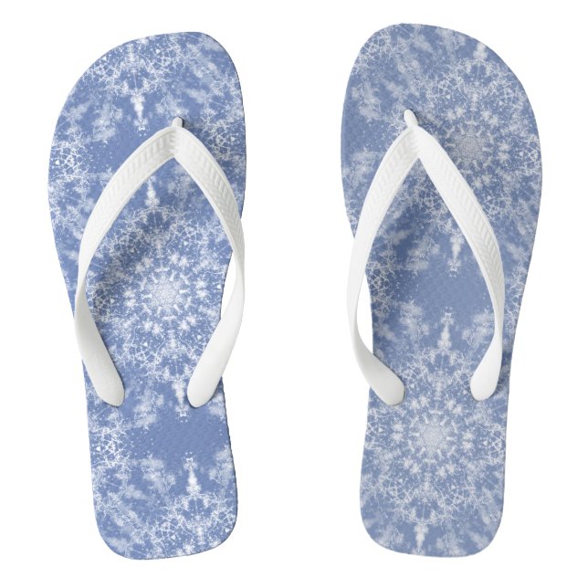Abstract Lacy Fractal Snowflake Pattern on Blue Flip Flops (Footbed)