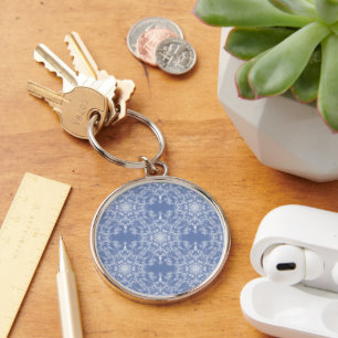 Abstract Lacy Fractal Snowflake Pattern on Blue Keychain