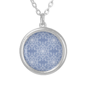 Abstract Lacy Fractal Snowflake Pattern on Blue Silver Plated Necklace
