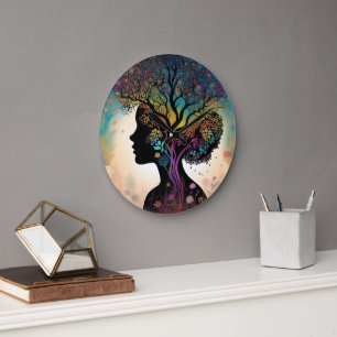 Abstract Lady Mother Nature Trees And Flowers, Large Clock