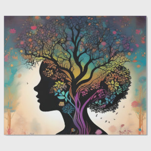 Abstract Lady Mother Nature Trees And Flowers, Wrapping Paper