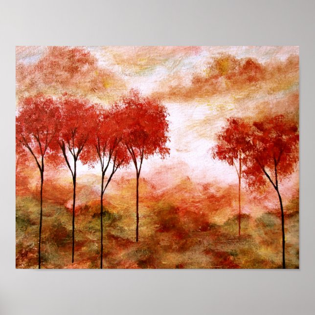 Abstract Landscape Art, Red Skinny Trees Autumn Poster (Front)