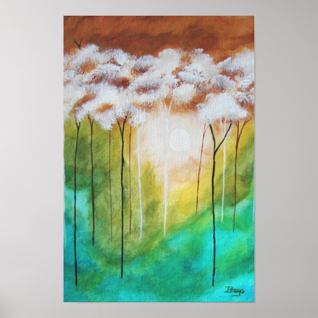 Abstract Landscape Art, Skinny Trees, Teal, Gold Poster (Front)