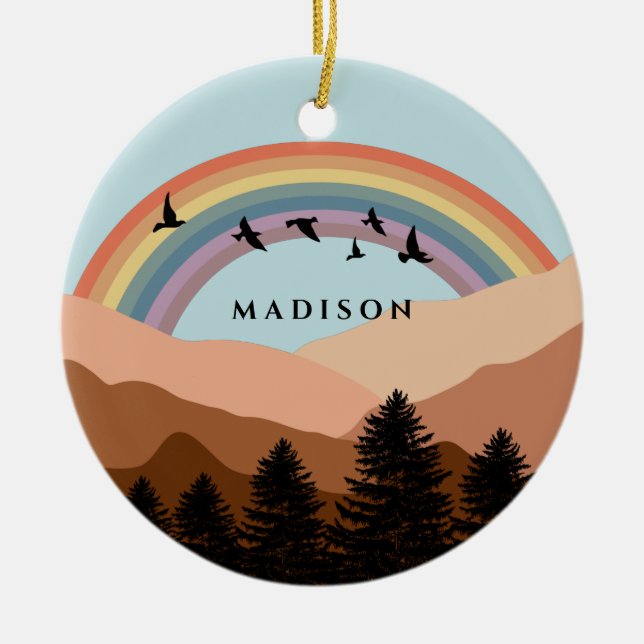 Abstract Landscape Forest Trees Rainbow & Birds  Ceramic Ornament (Front)