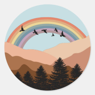 Abstract Landscape Forest Trees Rainbow & Birds   Classic Round Sticker