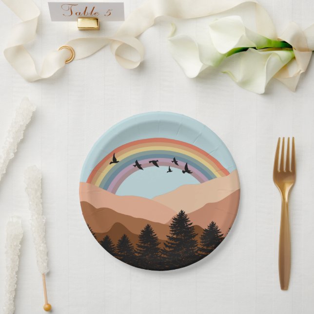 Abstract Landscape Forest Trees Rainbow & Birds  Paper Plate (Wedding)