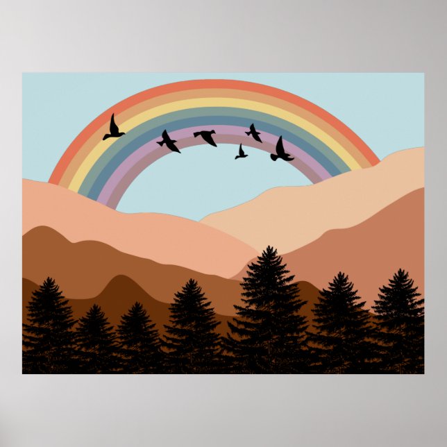 Abstract Landscape Forest Trees Rainbow & Birds Poster (Front)