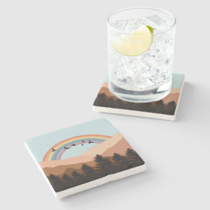 Abstract Landscape Forest Trees Rainbow & Birds Stone Coaster
