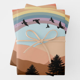 Abstract Landscape Forest Trees Rainbow & Birds Wrapping Paper Sheet