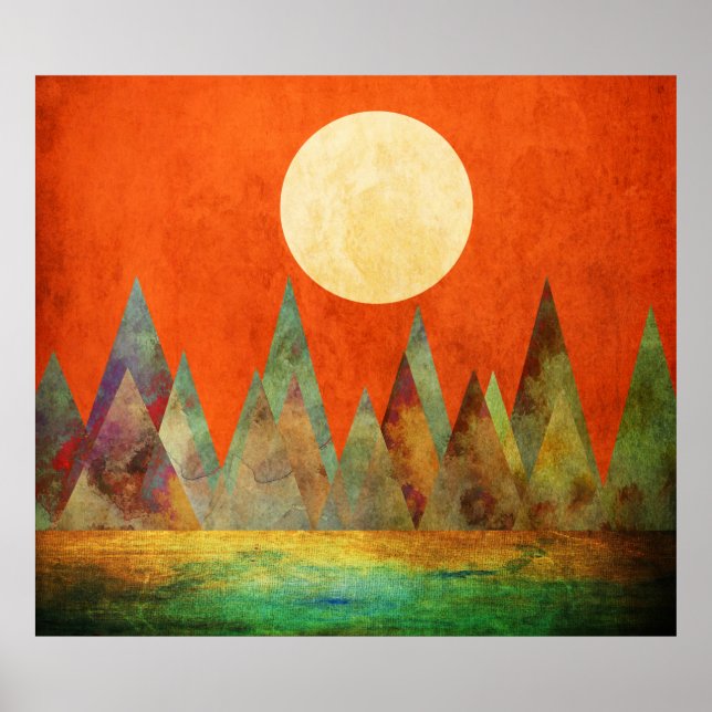 Abstract Landscape Full Moon Mountains Orange Sky Poster (Front)