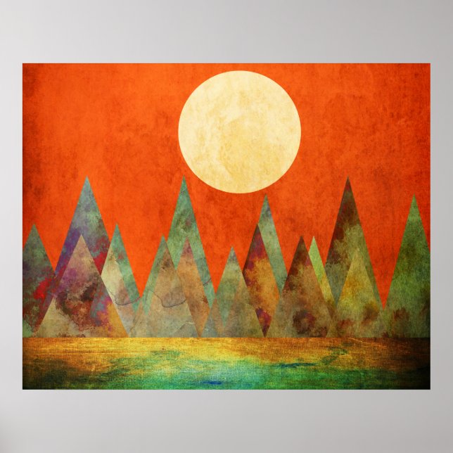 Abstract Landscape Full Moon Mountains Orange Sky Poster (Front)