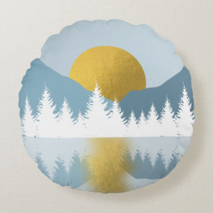 Abstract Landscape Golden Winter Sunset Sunrise Round Pillow