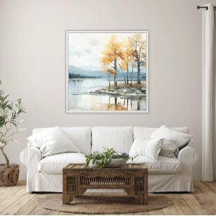 Abstract Landscape in Soft Blues and Golden Trees Canvas Print