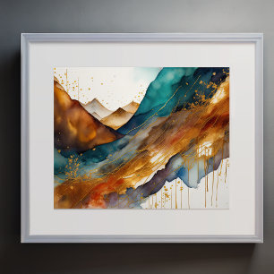 Abstract Landscape Painting Gold Rust Blue Poster